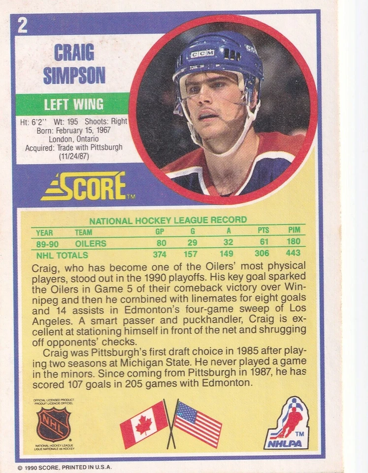 1990-91 Score #2 Craig Simpson- Edmonton Oilers + (Yes 4 Free Mystery Cards) - Image 2 of 2