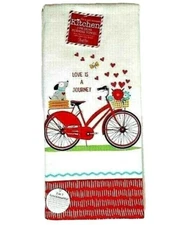 Kay Dee Love Is A Journey Kitchen Towels 2pc Bicycle Dog Hearts Red White Gift