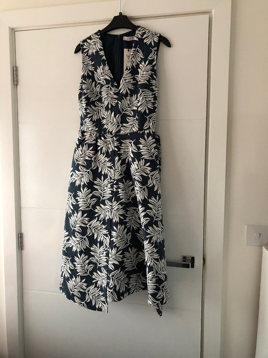 M&S Per Una Jacquard Leaf Print Sleeveless Dress Dark Teal Size 10 