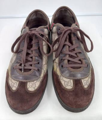 GUCCI Dark Brown GG Monogram Canvas Leather & Suede Men's Sneakers - US Size 10