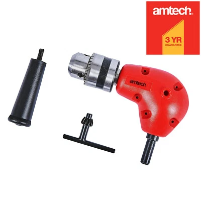 AMTECH - POWERTIME ONLINE 3/8" Right Angle Drill Attachment Chuck Key Handle 90° Corner Adapter Accessory