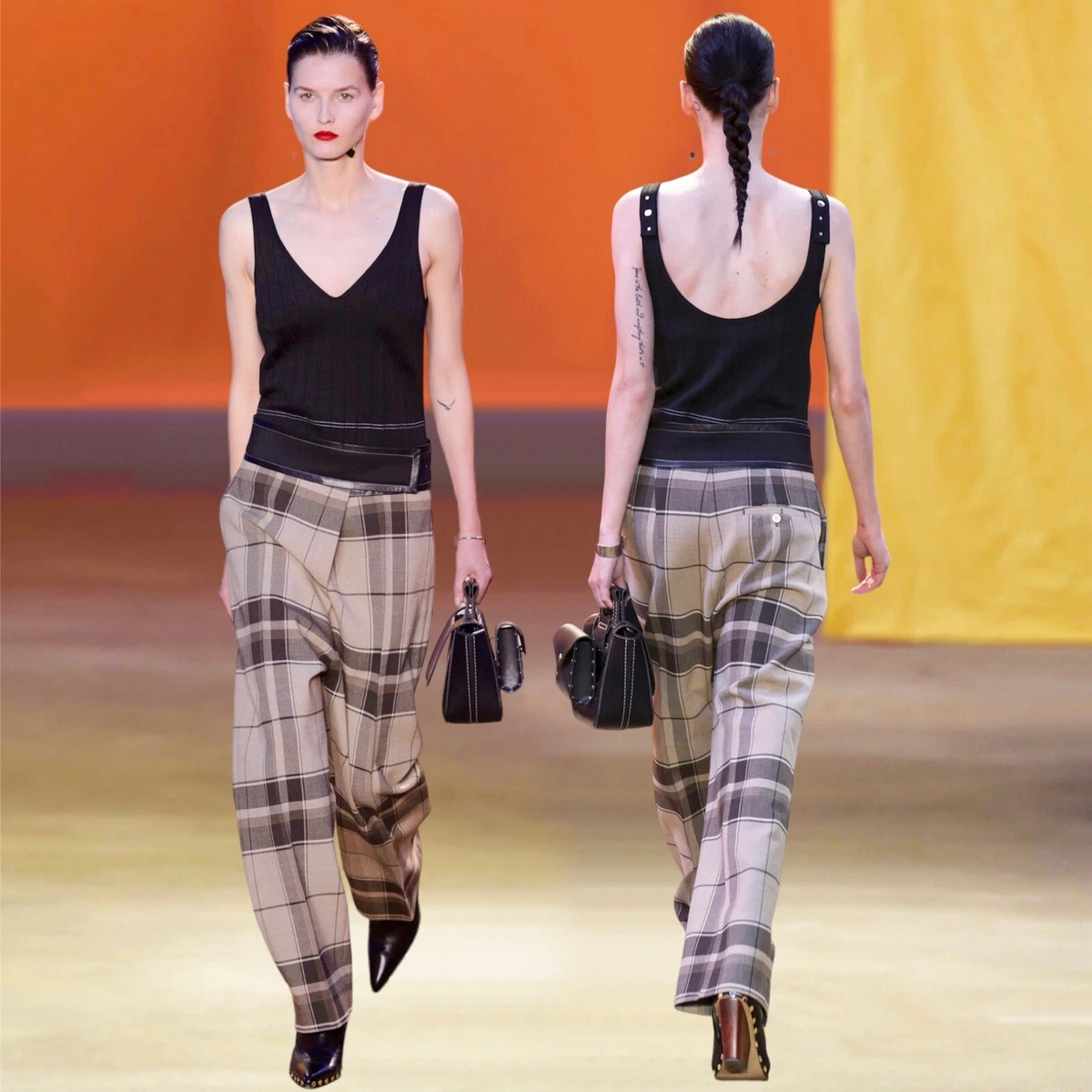 CELINE PLAID CHECK PRINTED PANTS WITH LEATHER BELT SIZE 40 BY PHOEBE PHILO