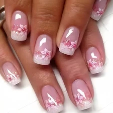 Flower Press on Nails French Tip Fake Nails Medium Square False Nails with 