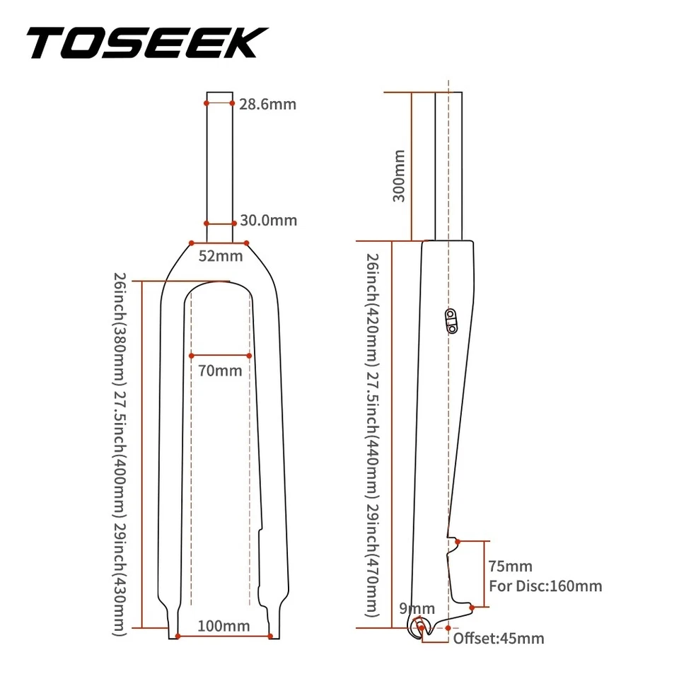 TOSEEK 1-1/8" Full Carbon Fiber MTB Bike Fork Disc Brake Rigid Forks 26/27.5/29" - Image 2 of 4