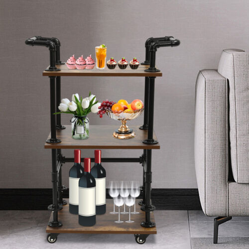 3-Layers Industrial Bar Cart Serving Cart Kitchen Cart Storage Rolling Trolley