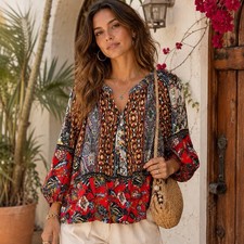 Fig  Flower Women M Boho Vacation Tunic Blouse Floral Paisley 3/4 Sleeve Artsy