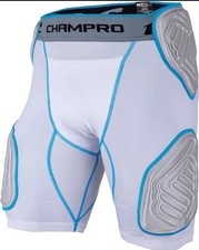 CHAMPRO Bull Rush 5-Pad Integrated Girdle Large, White, Optic Blue Trim 