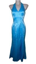 Y2k 90s Womens Blue Satin Halter Whimsigoth Fairycore Prom Dress Sz S/M FLAW