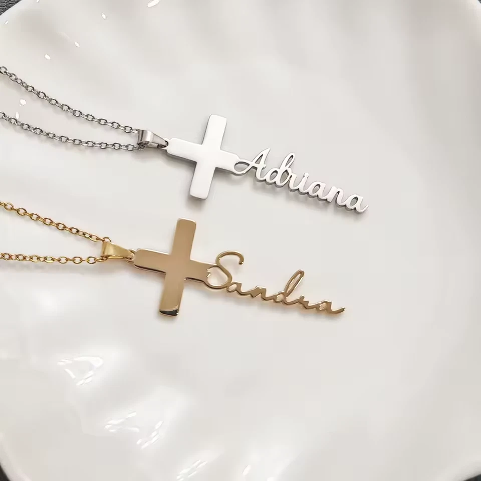 Custom Cross Name Necklace Personalized Pendant Stainless Steel Jewelry Gold - Image 4 of 4