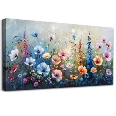 Flower Wall Art, Large Wall Decor, Blue Floral Wall Art, Vibrant Wildflower P...