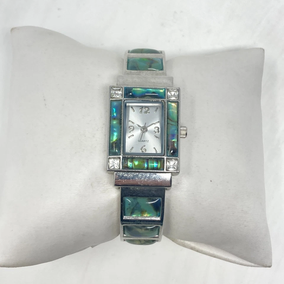 Reloj Abulone Tank Mujer 21mm Tono Plateado Incrustación Cristal Brillante Batería Nueva 6.5" Foto 3 de 4