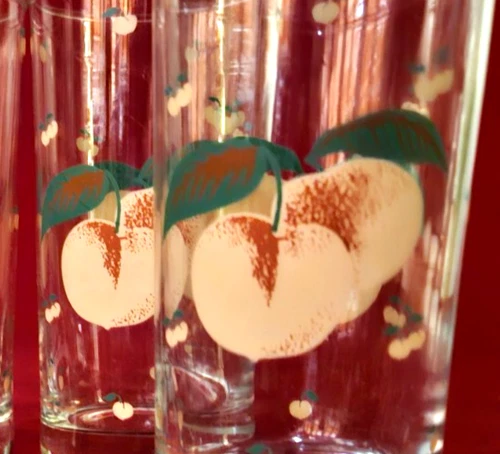 4 Peaches Peach Vintage '87 Anchor Hocking Themed Glass Tumblers 16 Oz Painted