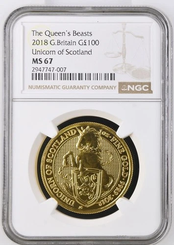 2018 The Queens Beasts Great Britain G100P Unicorn of Scotland NGC MS 67