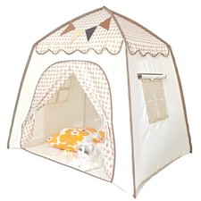 Toddler Bed Tent, Kids Play Tent with Flags, Star String, Cream Plaid Pattern