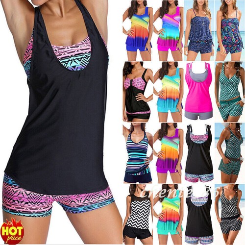 Women Sporty Tankini Set with Boy Shorts Swimwear Swimsuit Bathing Suit Bikini~ - Picture 2 of 20