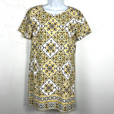 Lulus Yellow White Mosaic Print Dress Sz XS Short Sleeve Shift Modern Chic
