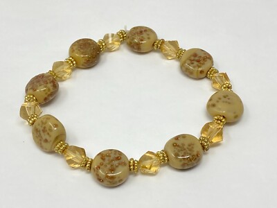 Pretty Beige Lampworked Glass Bead Faceted Crystal Bead Stretch 6.5'' Bracelet