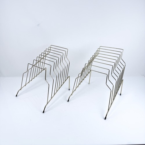 2 Vintage MCM Brass Record Vinyl Holder Rack File Office Music Room