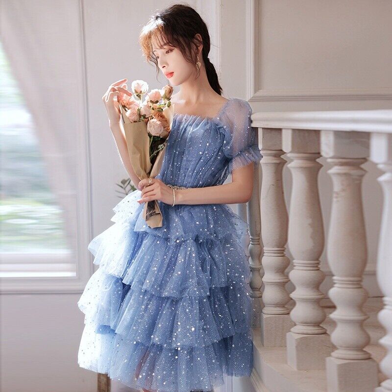 Lady Shiny Mesh Tiered Dress Stars Sequins Knee Length Princess Evening Gown