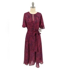 01455 Tahari Polka Dot Chiffon Tea Length Dress Red Purple Size 4 Business casua