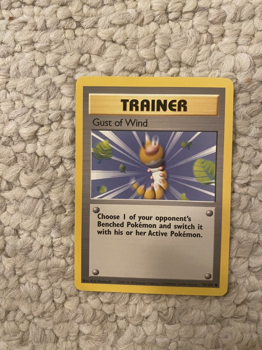 pokemon card gust of wind Trainer 93/102 Base Set Common Non-Holo 1999 Trading Choose 1 of your opponents Benched Pokemon and switch it with his/her Active Pokemon. Pokemon PSA 8 NM-MINT Gust