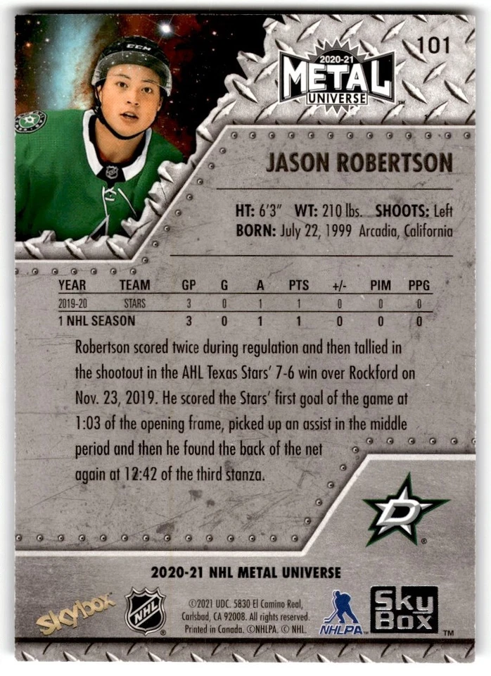 2020-21 Skybox Metal Universe Jason Robertson Rookie #101 Dallas Stars - Image 2 of 2