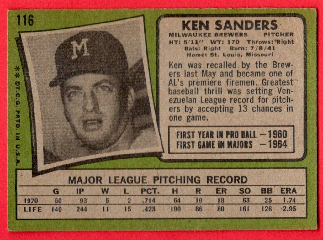1971 Topps 116 Ken Sanders GD/VG Brewers eBay