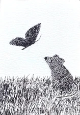 Original ACEO Drawing Mouse and the Butterfly Cute Pointilism Gift Artwork Card
