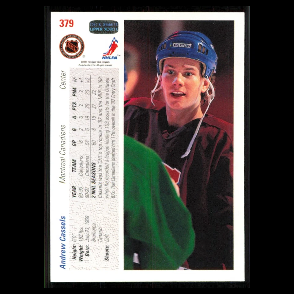 Andrew Cassels #379 1991 Upper Deck Montreal Canadiens Hockey Card NHL NM - Image 2 of 3
