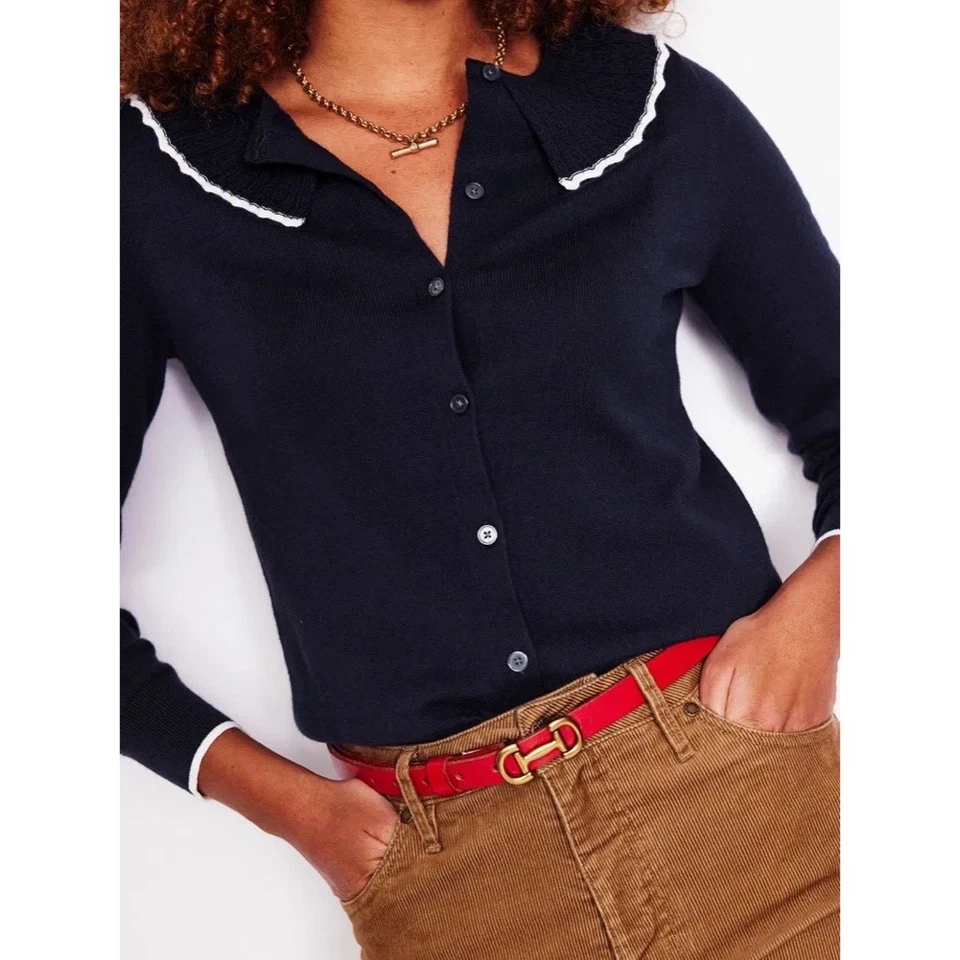 Cárdigan Suéter BODEN Cuello Volantes Mezcla Lana Azul Marino Blanco Preppy X-Pequeño Foto 4 de 4