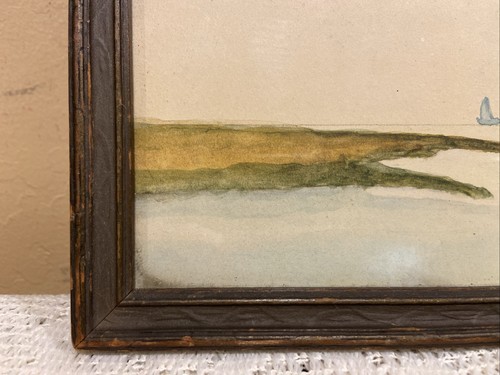 Antica piccola opera d'arte barca a vela mare acquerello originale 6x15" con cornice - Foto 4 di 8
