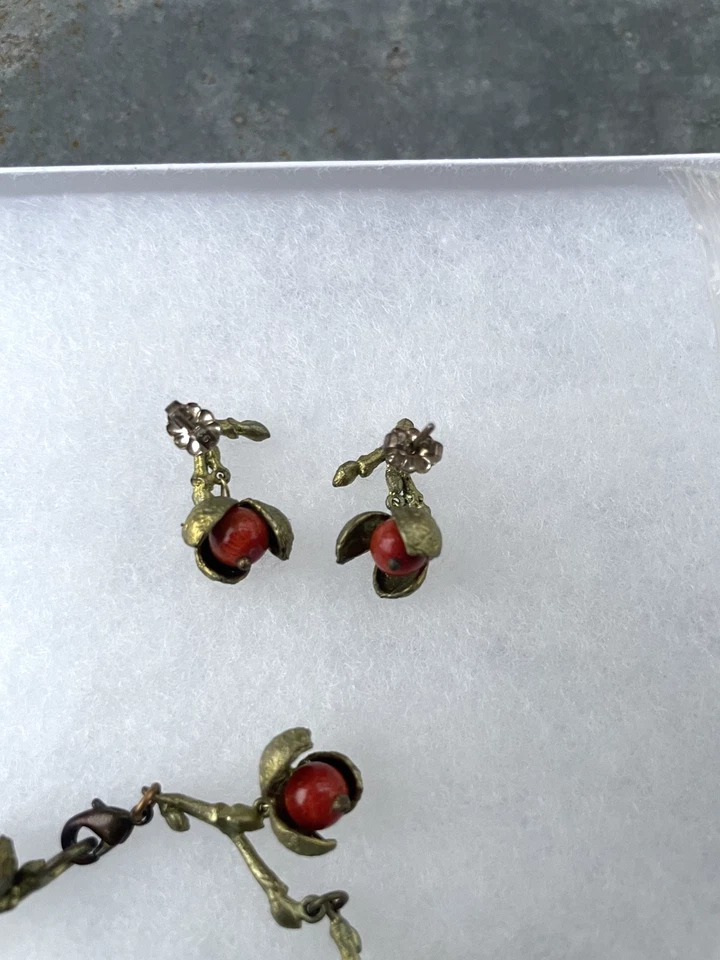 Juego de pulsera y pendientes colgantes Michael Michaud rojo coral gema bayas Foto 3 de 4