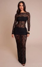 NWT PRETTY LITTLE THING Petite Sz 2 Black Sheer Lace Long Sleeve Maxi Dress