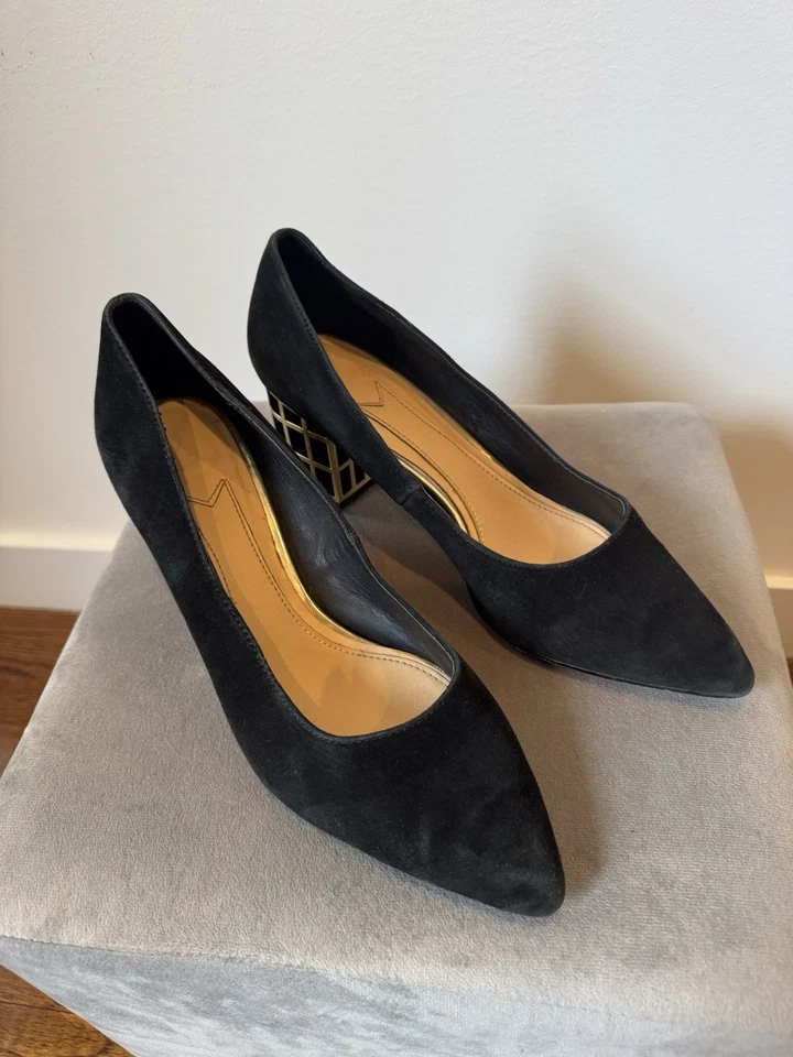 Brian Atwood Black Suede Pumps Gold Block Heel Designer Shoes Size 9 Elegant - Image 2 of 4