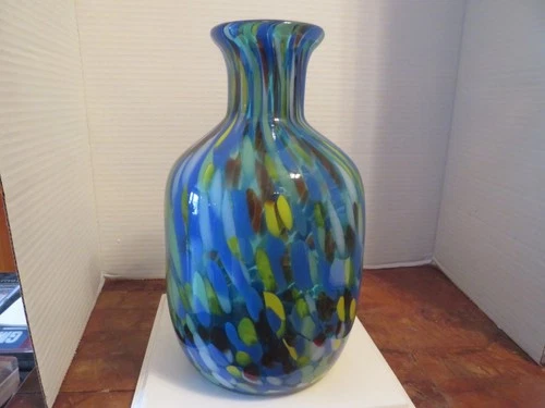 LARGE Hand blown Art Glass MULTI COLOR 10" VASE / Murano? Vtg
