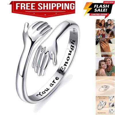 925 Sterling Silver Hug Ring for Women Men Adjustable Hugging Hands Open Love...
