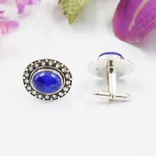 Natural Lapis Lazuli Gemstone Oval Cufflinks 925 Sterling Silver Groom's Jewelry