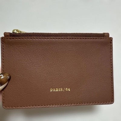 PARIS 64 Coin Purse Card Holder in Brown Gold Hardware NWOT Shipping From Japan!