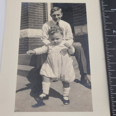 #ad Man Toddler Outdoor Portrait Steps Brick House Vintage Snapshot Circa 1926 VTG $2.96