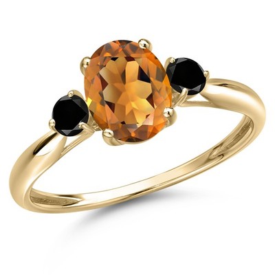 10K Yellow Gold Orange Red Madeira Citrine and Black Diamond 3-Stone Ring For