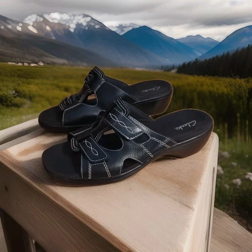 Clarks sandalo slide punta aperta donna misura 7 largo nero pelle testurizzata ottimo