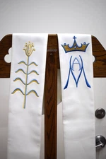 Older Used Marian Stole, Some Stains on Neckline, White & Blue (#1868)