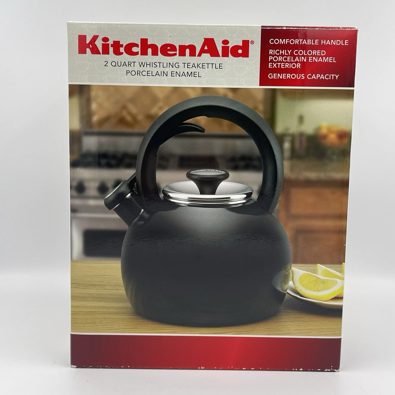 KitchenAid 2.0-Quart Porcelain Stovetop Tea Whistle Kettle, 2 Qt, Black, NEW