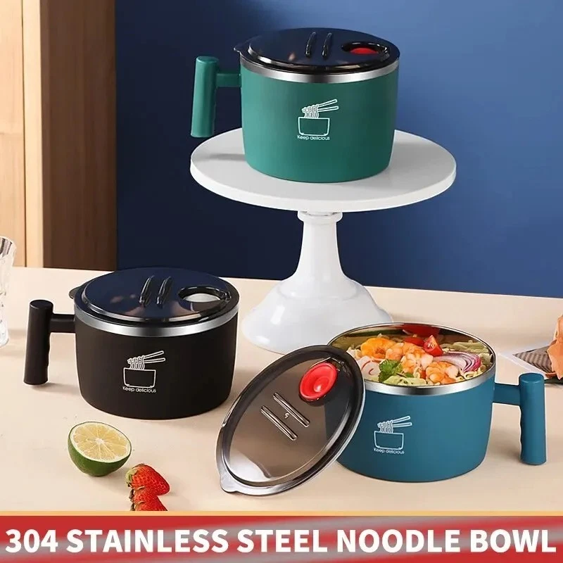 Stainless Steel Bowl With Lid For Instant Noodles Sealed And Portable Drain Bowl - Image 2 of 4