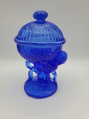 Cobalt Vintage Blue Glass Cherub Holding Fluted Globe Heavy Candy Dish 6'' High