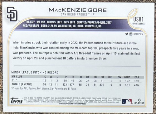 Aggiornamento Topps 2022 MacKenzie Gore variante foto Rookie SP #US81 Nationals - Foto 2 di 2