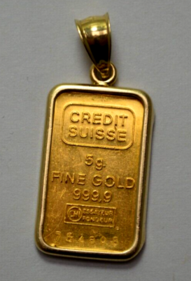 Credit Suisse 5g Fine 9999 Gold Bar &14k Gold Bezel Pendant