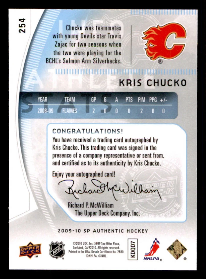 2009-10 SP Authentic #254 Kris Chucko AU RC /999 (ref 239858) - Image 2 of 2