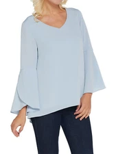 H by HALSTON Size 14 Textured Georgette Top with Tulip Bell Sleeves MISTY BLUE