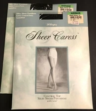Sheer Caress Pantihose 2 Pair Black Velvet Average Control Top Sandalfoot